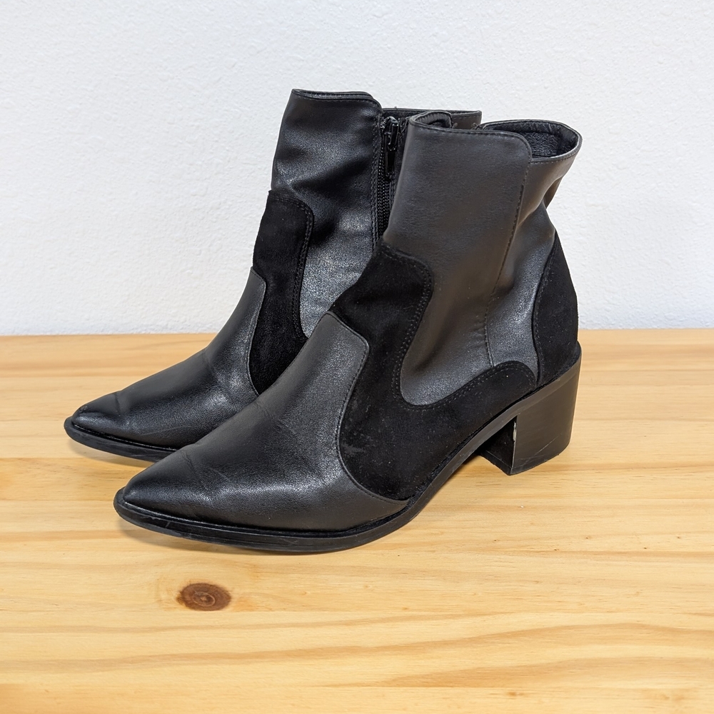 London Rebel Black Faux Leather & Suede Ankle Boots